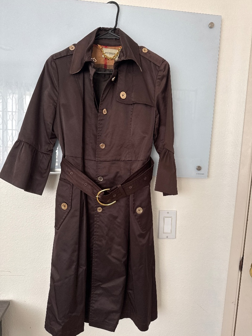 Burberry London Dark Brown Belted Trench Coat Bell Sleeve Size Small